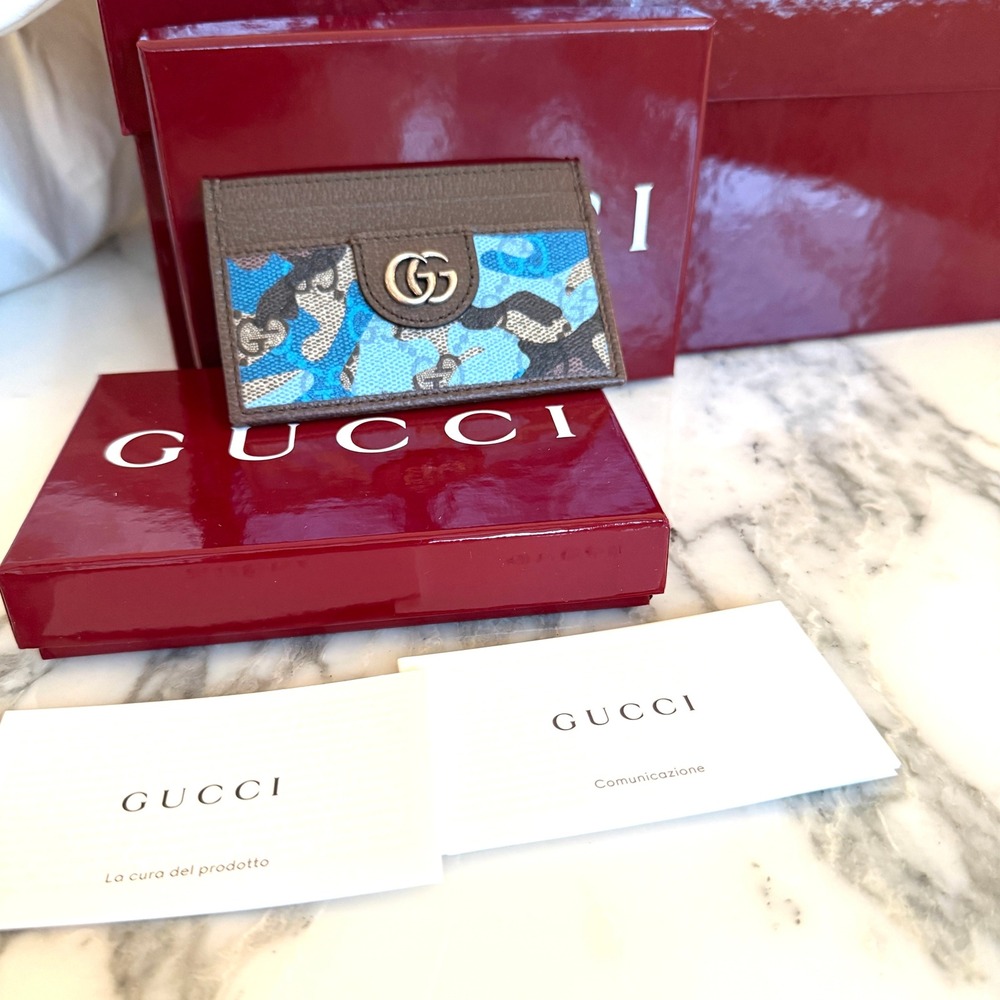 Gucci 834795 Brown Leather Blue Camo GG Supreme Canvas Card Holder Wallet - Picture 2 of 10